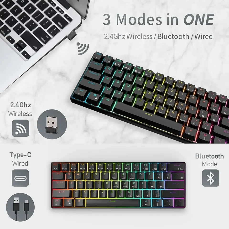 RK ROYAL KLUDGE RK61 60% RGB Mechancial Gaming Keyboard- RED Switch – BLACK