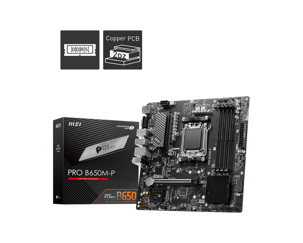 MSI PRO B650M-P Motherboard, Micro-ATX - Supports AMD Ryzen 7000 Series Processors, AM5 - DDR5 Memory Boost 6000+MHz/OC, 1 x PCIe 4.0 x16, 2 x M.2 Gen4, 2.5G LAN