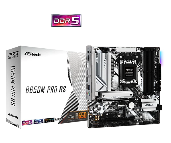 Asrock B650M Pro RS AMD Socket AM5 Ryzen 7000/8000/9000 Series DDR5 7200+ (OC) MHz 256GB M.2 Key E for WiFi SATA3 6.0 Gb/s Micro ATX Motherboard 2.5G LAN BIOS Flashback
